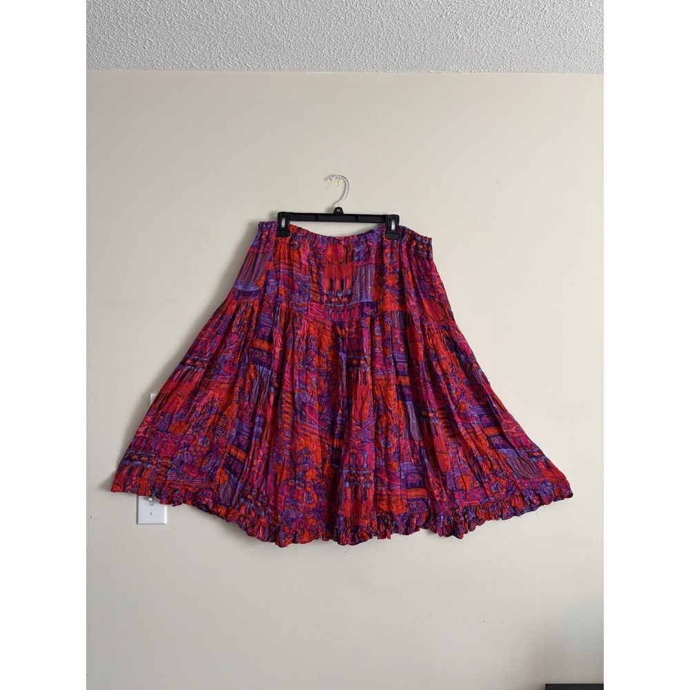 Vintage Phool‎ Medium Midi Skirt Tiered Flowy Red Purple Boho Hippie Y2K 2000s